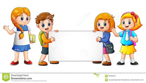 Cartoon School Kids With Blank Sign Stock Vector