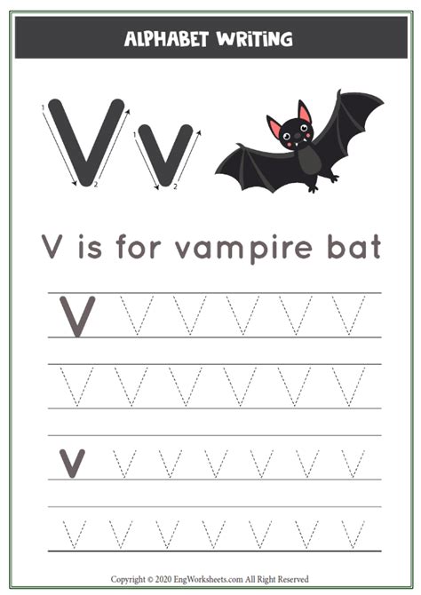 Letter V Alphabet Tracing Worksheet With Animal Illustration Image