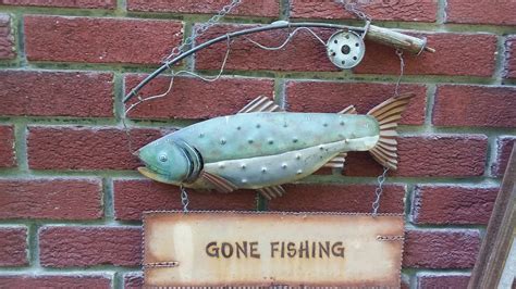 Vintage Gone Fishing Metal Sign Lake House Cabin Or Beach Fishing