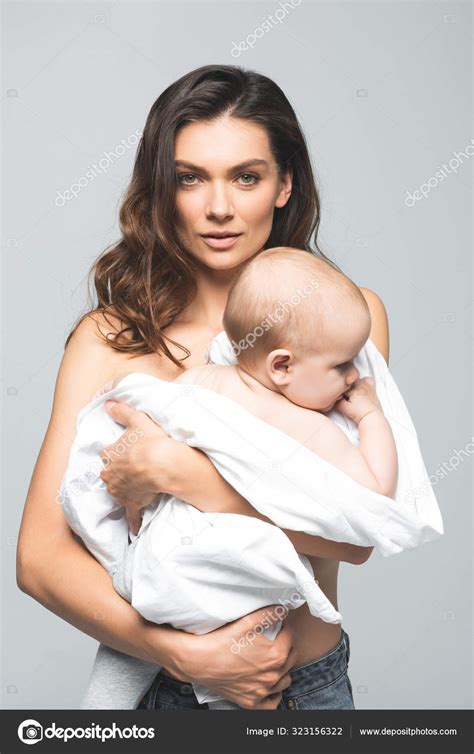 Portrait Attractive Naked Mother Holding Baby Boy Isolated Grey Stock