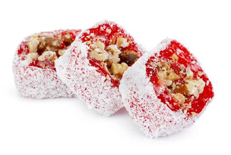 Red Turkish Delight With Nuts In Powdered Sugar Isolated On White Stock