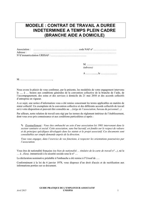 Modelé De Contrat De Travail A Duree Indeterminee A Temps Plein Cadre