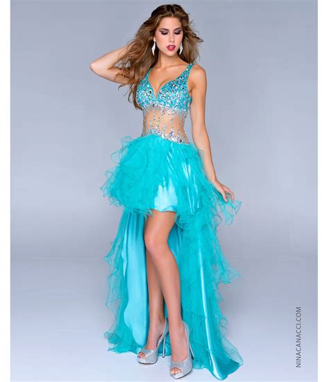 Nina Canacci 2014 Prom Dresses Teal Satin And Tulle Illusion High Low Prom Dress Unique