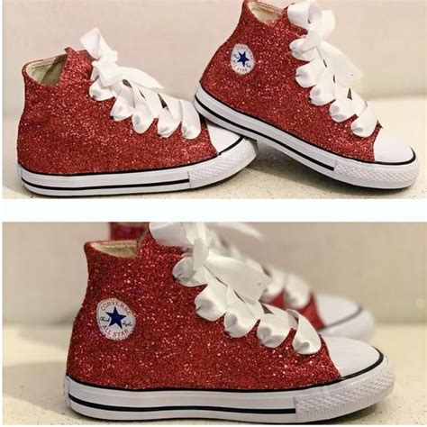 Kids Sparkly Glitter Converse All Stars High Top Sneakers Shoes Red