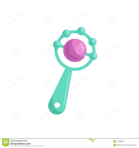 Cartoon Trendy Design Baby Greenl Rattle With Pink Ball Vector Simple