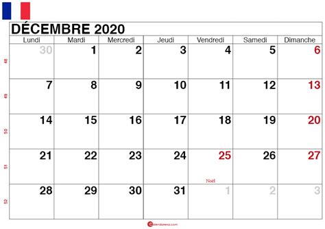 Calendrier Décembre 2020 France 🇫🇷 Avec Fériés