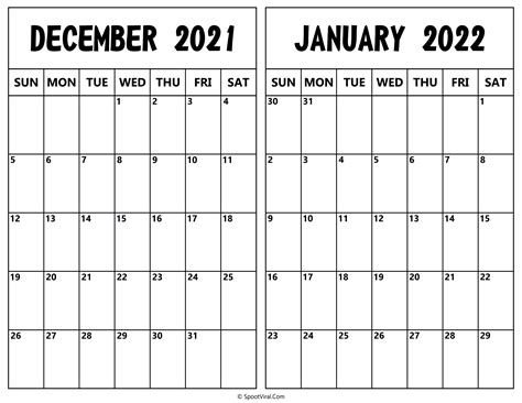 December 2021 January 2022 Calendar Templates Spootviral