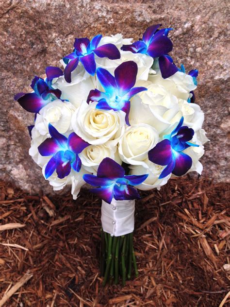 Blue And White Bouquet Blue Purple Orchids White Roses Blue And