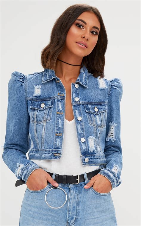 Mid Wash Extreme Shoulder Cropped Denim Jacket Prettylittlething Ksa