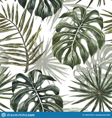 Tropical Monstera And Palm Leaves Seamless Pattern