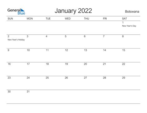 Botswana January 2022 Calendar With Holidays