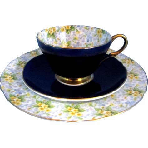 Shelley Cobalt Blue Primrose Chintz Trio Cup Saucer Plate Tea And