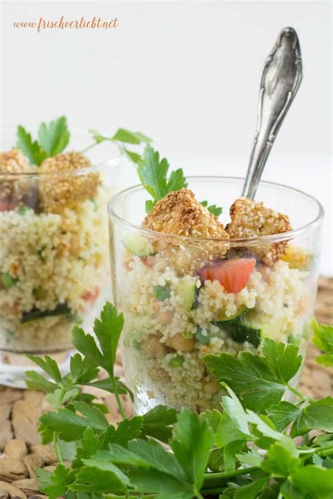 Add cilantro and dried fruits if desired; Couscous-Salat mit paniertem Sesam-Feta | Couscous salat ...