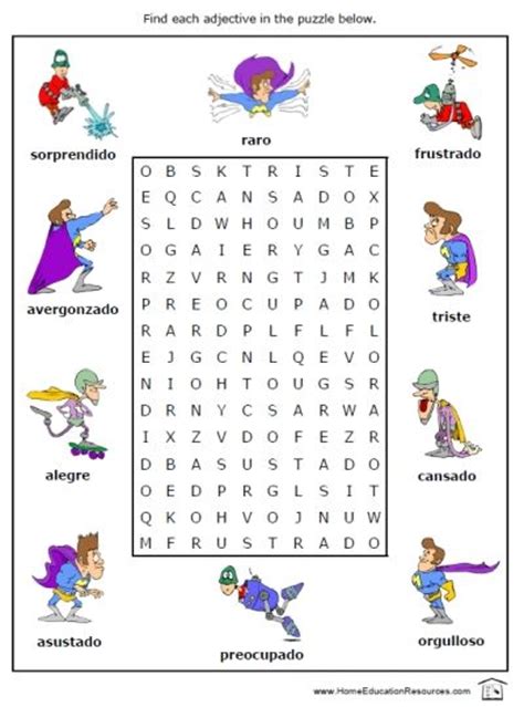 Free Printable Spanish Adjectives Search A Word Puzzle Worksheet Sopa