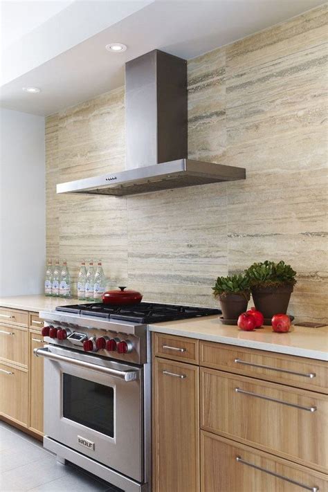 Produced, commercial work packaging material: Travertine tile backsplash ideas in exclusive kitchen designs