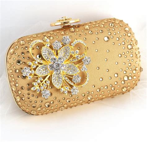Gold Clutch Golden Crystal Clutch Handbag Purse Bridal Strap