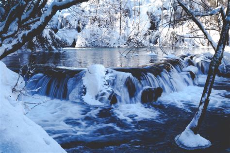 Wallpaper Plitvice Croatia Lake Water Waterfall Winter Snow