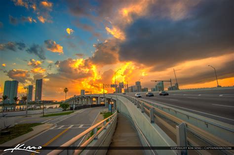 Macarthur Causeway I 395 Highway Miami Florida Explosive Sunset Hdr