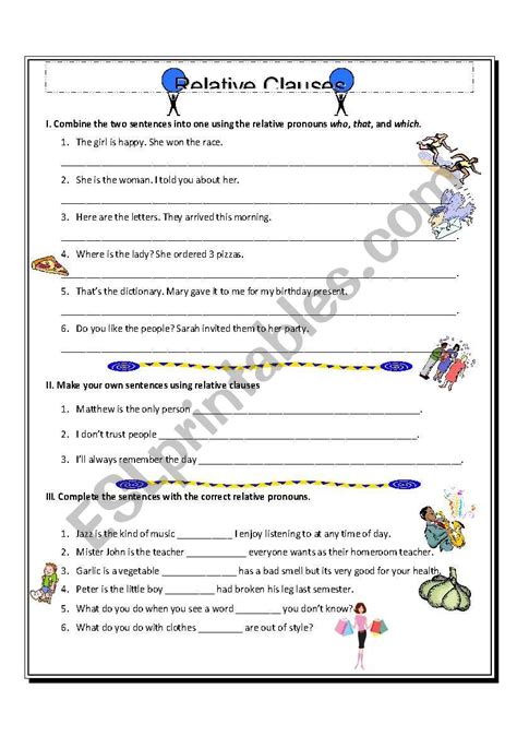 There are 3 relative pronouns we can use in a defining relative clause: Relative Clauses - who, that, which - ESL worksheet by amysee