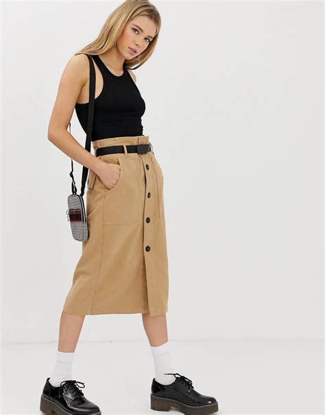 Bershka Utility Midi Skirt With Belt In Brown Asos Midi Skirt Clothes Urban Summer Fashion