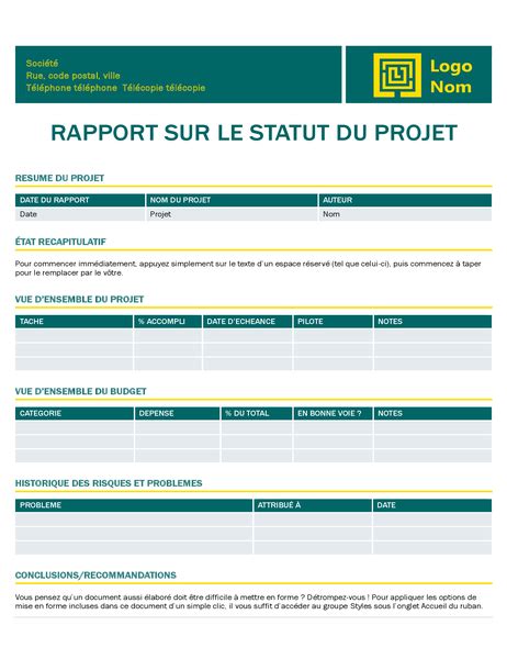 Rapport Détat De Projet Office Templates