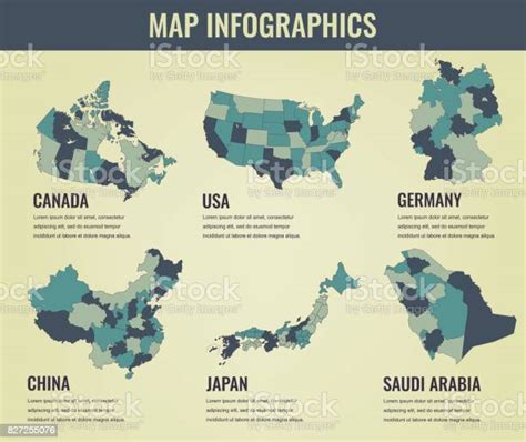 Country Maps Infographic Template Usa Japan Canada China Germany Saudi