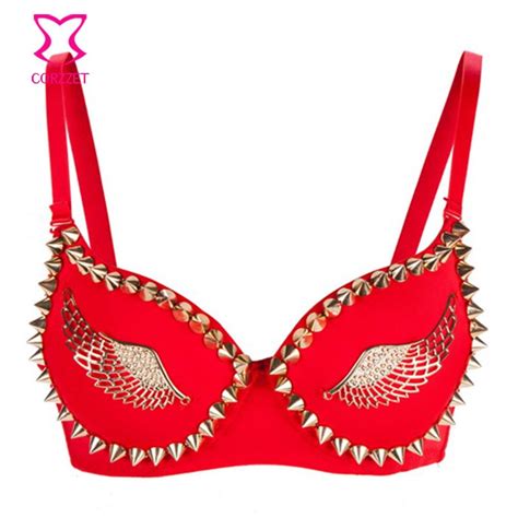 Burlesque Gold Wings Rivets Studded Bra Push Up Bralette Red Punk Rave Brassiere Club Bras For