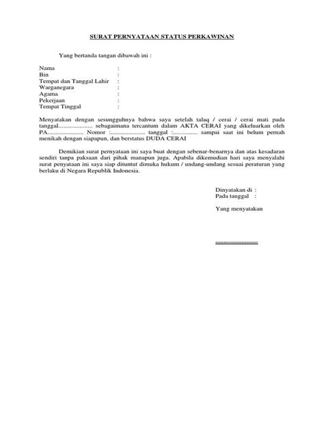 Contoh Surat Pernyataan Jejaka Gawe CV