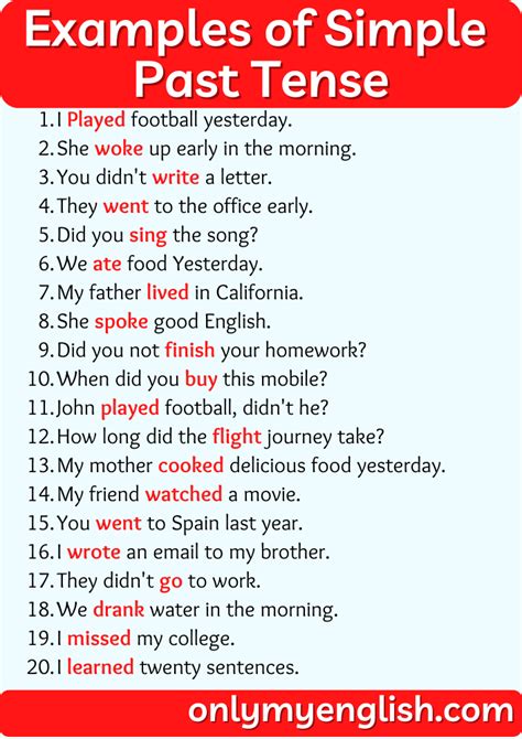 20 Examples Of Simple Past Tense Sentences Onlymyenglish