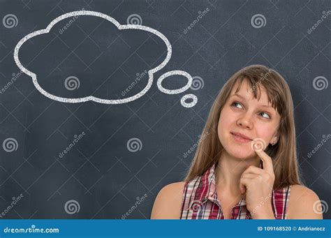 Thoughtful Woman With Thought Bubble On Blackboard Stock Photo Image