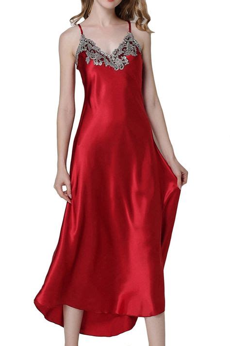 Womens Nightdress Lace Satin Nightgowns Long Chemise Sleepwear Red