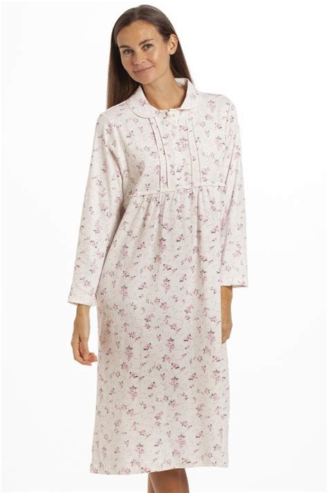 Classic White Long Sleeved Blue Floral Button Front Nightdress