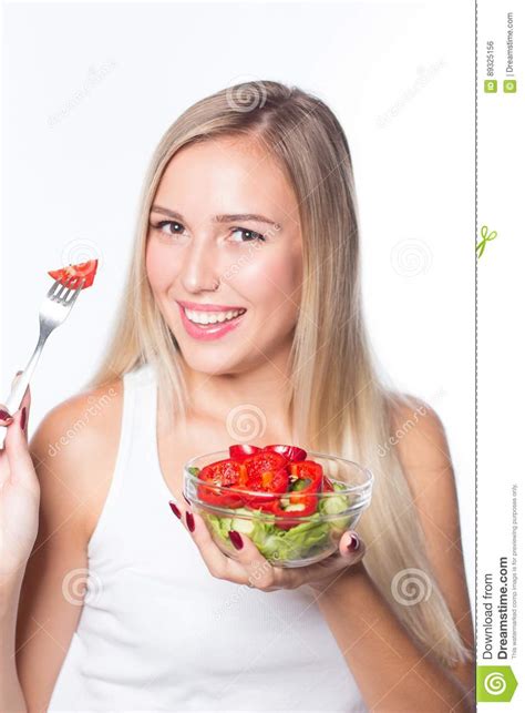 Young Beautiful Woman Eats Vegetable Salad Healthy Eating To Be In