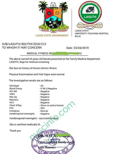 Nysc Medical Certificate For Camp Registration