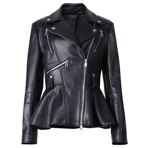 YOLOAgain Autumn Elegant Slim Black Genuine Leather Jacket Coat Women