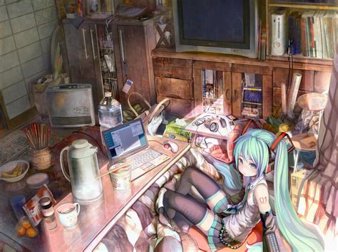 Wallpaper Long Hair Anime Girls Looking At Viewer Room Interior Sitting Calm Vocaloid
