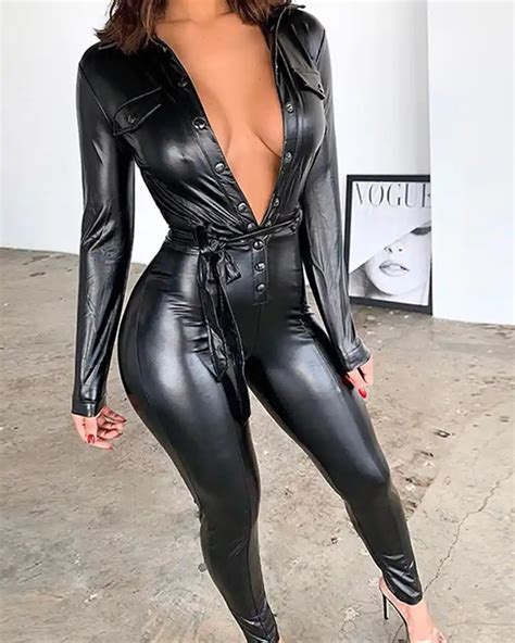 Deep V Faux Leather Jumpsuit Women Long Sleeve Sexy V Neck Pu Leather Jumpsuit Black Slinky Club