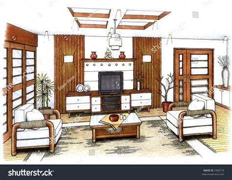 Artists Simple Sketch Interior Design Living Stock