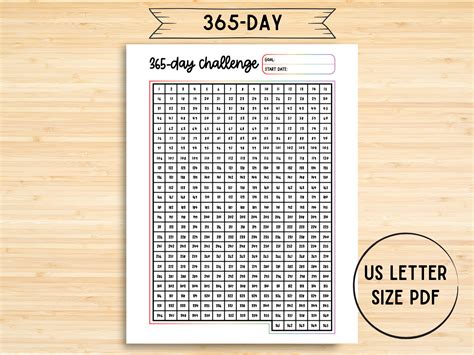 365 Day Challenge Printable Us Letter Tracker Sheet Habit Exercise