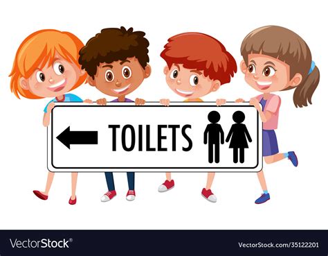 Four Kids Holding Toilet Sign Isolated On White Vector Image