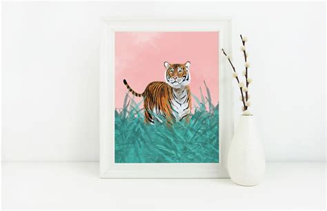 Bengal Tiger Wall Art Peach Pink Painted Tiger Art Print Etsy