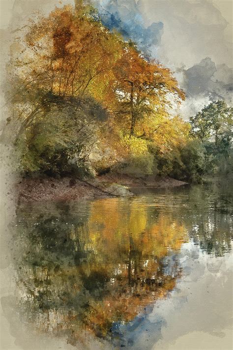 Watercolor Painting Of Stunning Vibrant Autumn Landscape Of Lake Photograph By Matthew Gibson
