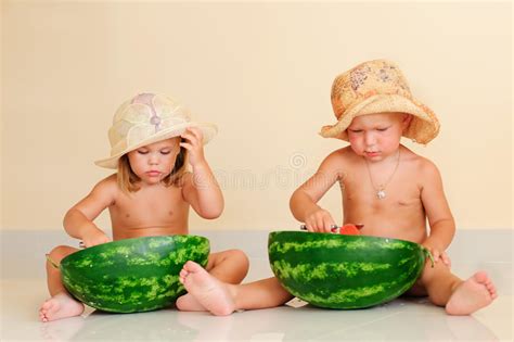 Funny Kids Eating Watermelon Stock Image Image Of