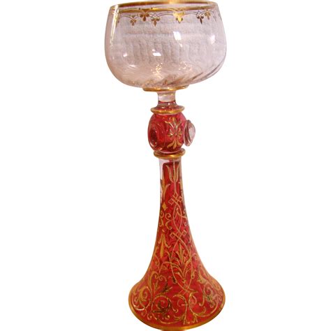 Bohemian Moser Art Glass Wine Goblet 8 75” Cranberry Gold Enamel From Darcysantiquetreasures On