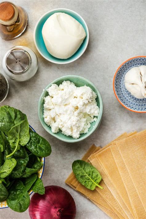 Ingredients For Vegetarian Spinach And Ricotta Lasagna Stock Photo