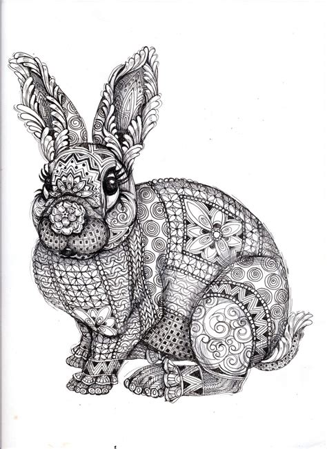 A Black And White Drawing Of A Rabbit With Ornate Designs On Its Body