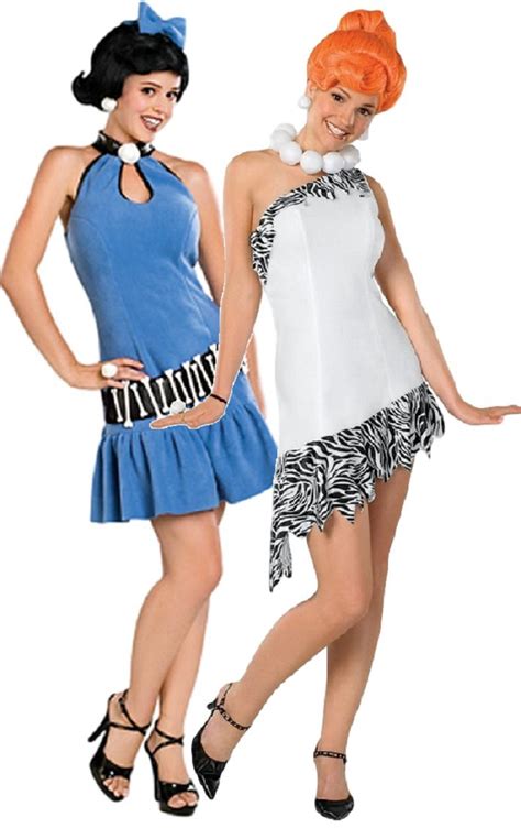 Ladies Sexy Couples Wilma Flintstone And Betty Rubble 1960s Halloween Fancy Dress Costumes Outfits