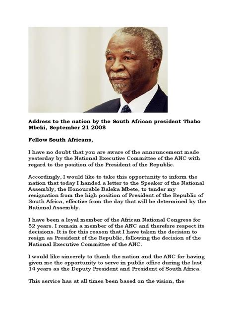Thabo Mbekis Resignation Speech 2008 African National Congress