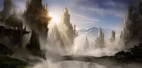 Tapeta na monitor Fantasy mlha art hory skály věže