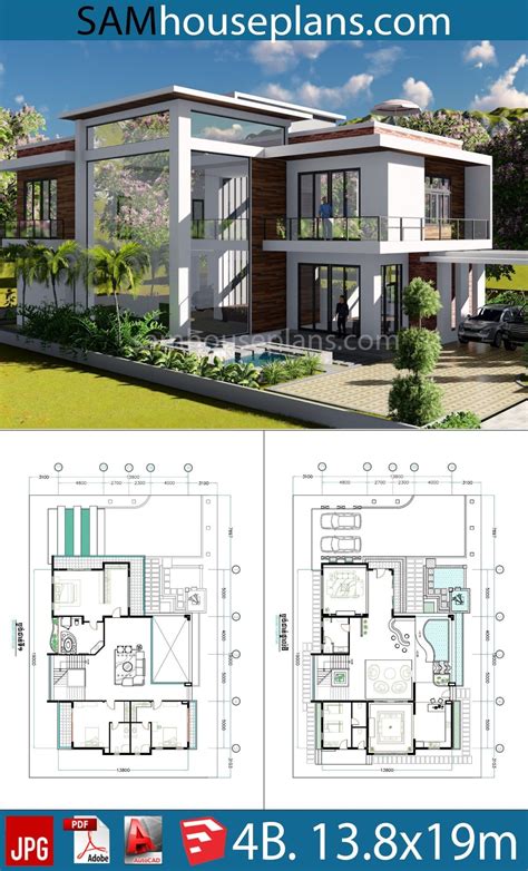 Southwest style house plan 41109 with 4 bed, 4 bath, 2 car garage. 4 Bedroom Home Plan 2 stories Villa Design Size 13.8x19m.The House has2 Car Parking… en 2020 ...